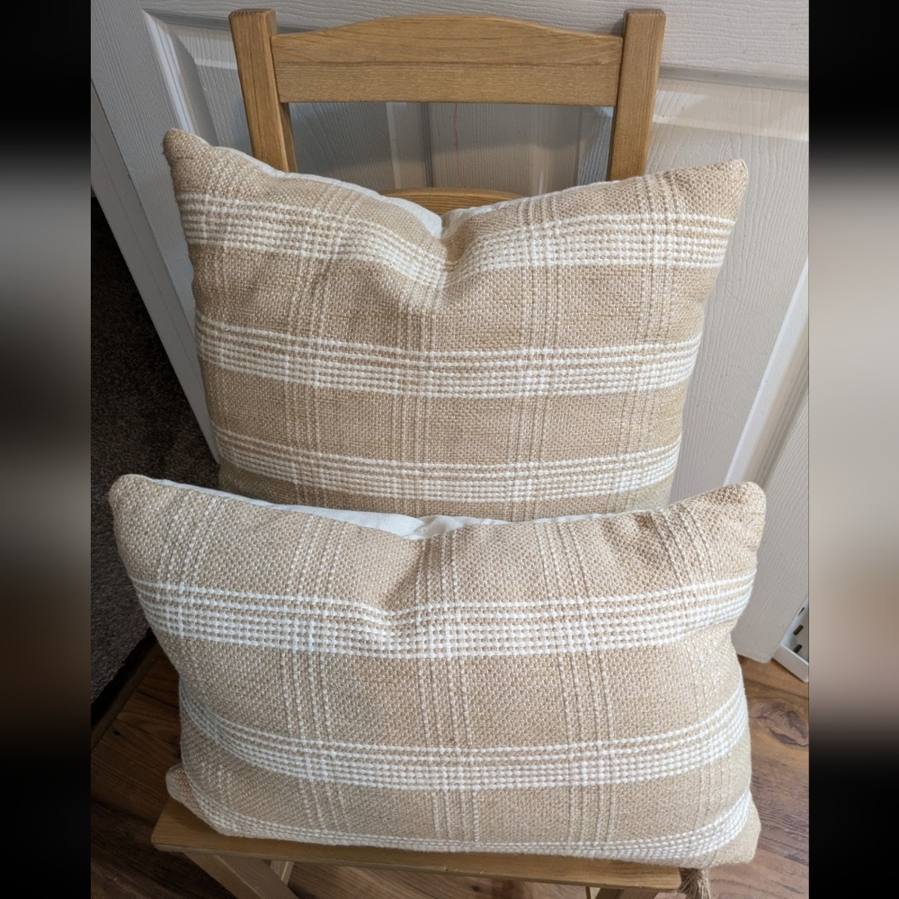2 STUDIO MCGEE woven plaid throw pillows with tassel zipper
